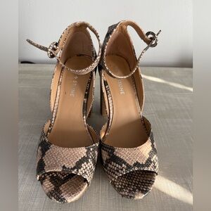 Sun + Stone Black and Tan Snakeskin Platform Heels 7M